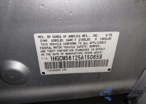 2005 Honda Accord 2.4 Dx from USA, damaged, VIN 1HGCM56125A150659